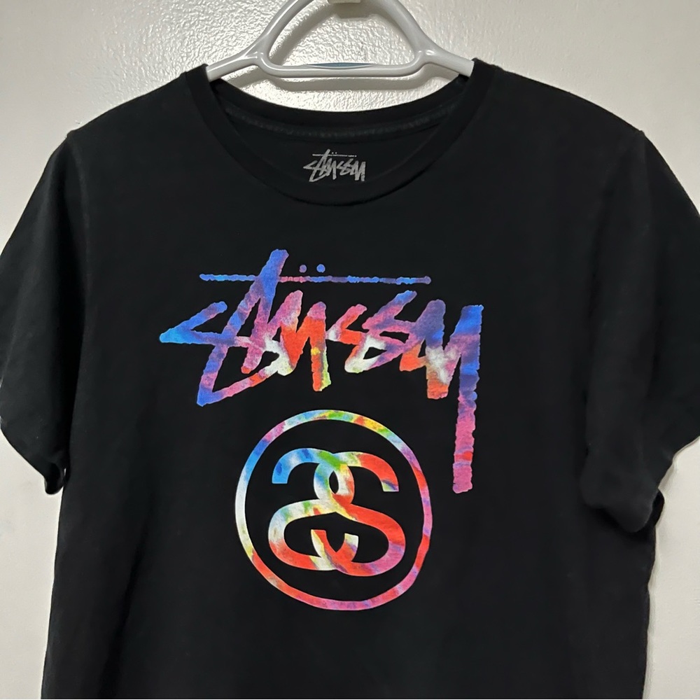 STUSSY TIE DYE LOGO T SHIRT TEE BLACK RAINBOW GRAPHIC VINTAGE STYLE SKATE MEDIUM - Picture 2 of 5